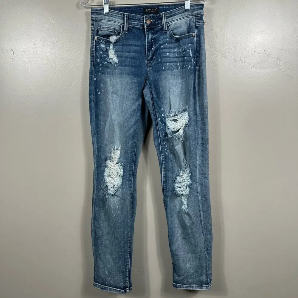 Judy Blue Destroyed Bleach Splattered Cuffed Boyfriend Jean Size 5/27 - Picture 4 of 9